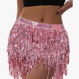 NWOT Sequin Fringe Pink Wrap Around Skirt For Belly Dance And Rave Parties